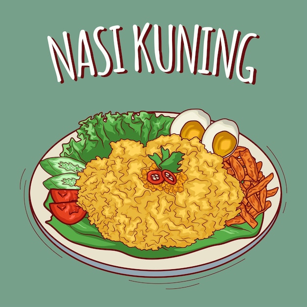 Nasi kuning ilustración comida indonesia con estilo de dibujos animados