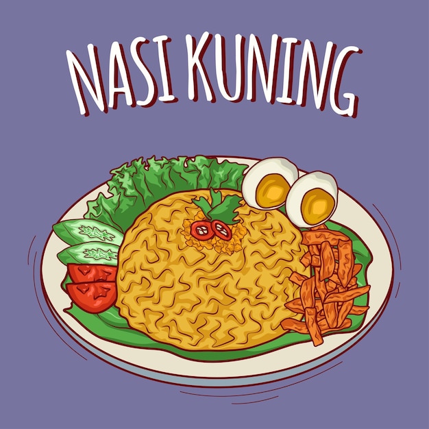 Nasi kuning ilustración comida indonesia con estilo de dibujos animados