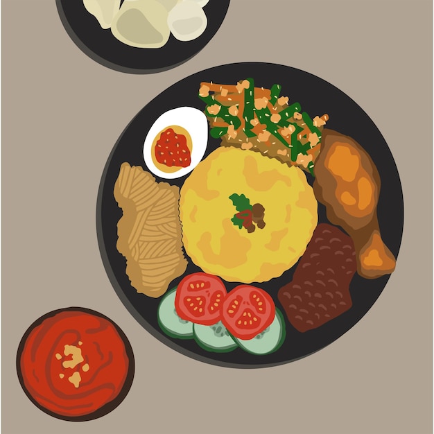 Vector nasi kuning o comida tradicional indonesia de arroz amarillo para la ilustración de la cocina asiática