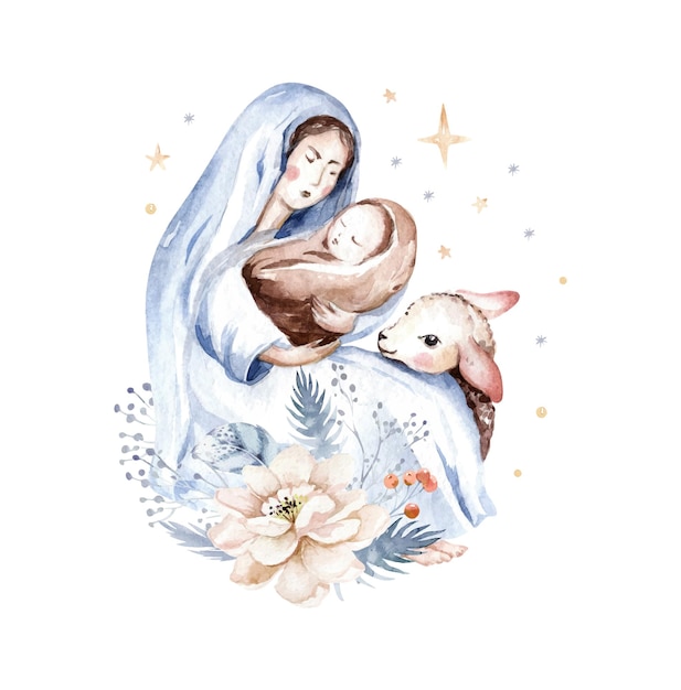 Natividad Navidad Elementos de acuarela Bebé Jesús María José ángel pastor tres reyes magos camello ovejas burro pesebre Para tarjetas de felicitación ilustración religiosa