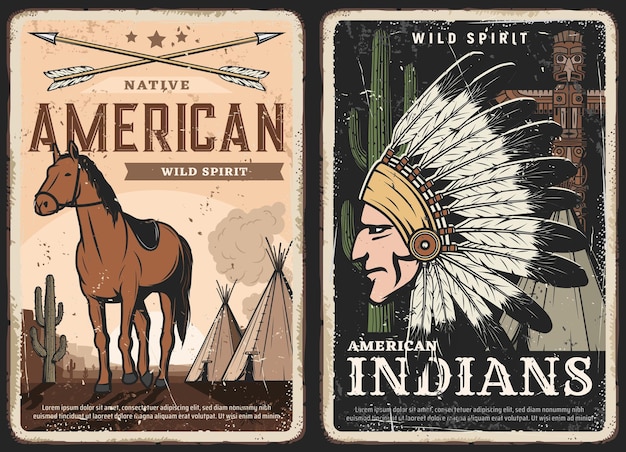 Nativos americanos, carteles retro del espíritu de los indios, pancartas sucias