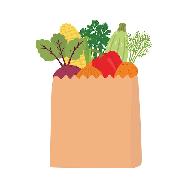 Natural en una bolsa de papel llena de verduras frescas. Concepto de dieta. ilustración aislada sobre fondo blanco.