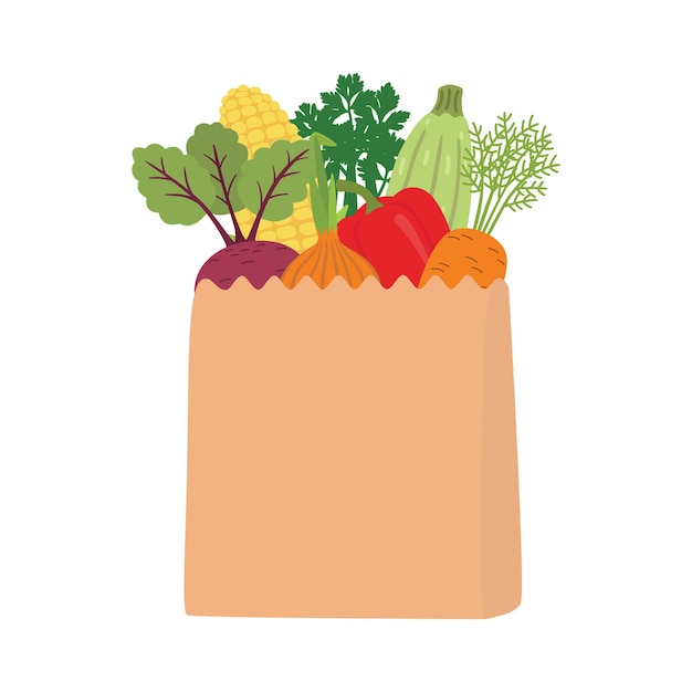 Natural en una bolsa de papel llena de verduras frescas. concepto de dieta. ilustración aislada sobre fondo blanco.