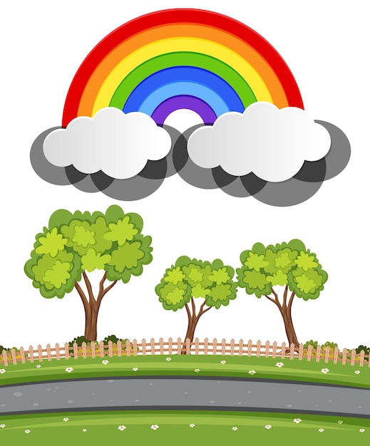 Naturaleza al aire libre con escena de arco iris en estilo de dibujos animados