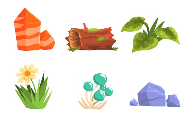 Vector naturaleza bosque paisaje elementos conjunto de plantas verdes piedras tronco flores setas ilustración vectorial