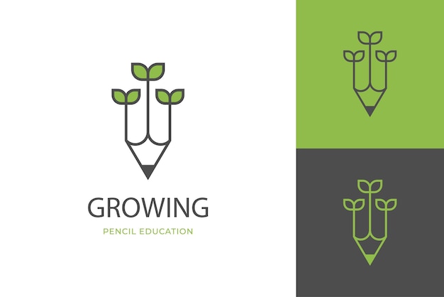 Naturaleza crecimiento lápiz vector logo diseño línea arte estilo elemento símbolo icono diseño con hoja o planta diseño concepto para educación logo