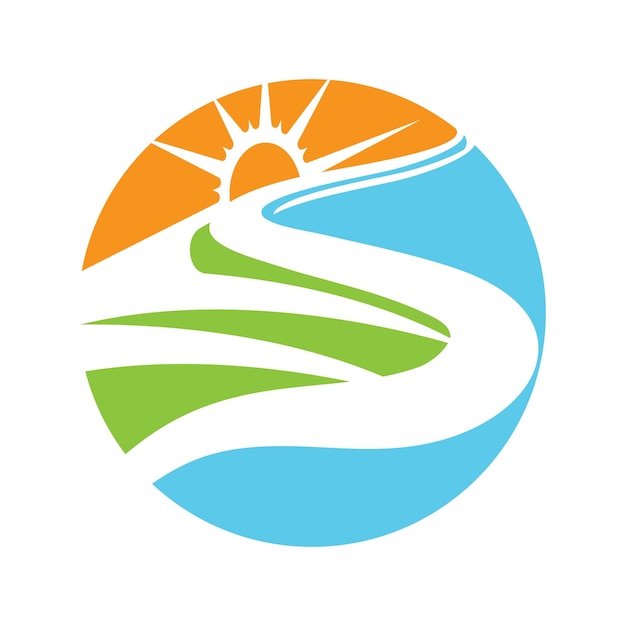 Naturaleza Granja y agricultura vector logo ilustración diseño sol granjaIlustración aislada de campos granja paisaje y sol Concepto para agricultura cosecha productos orgánicos de granja natural