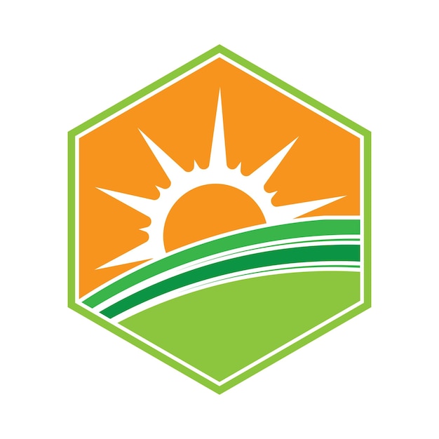 Naturaleza Granja y agricultura vector logo ilustración diseño sol granjaIlustración aislada de campos granja paisaje y sol Concepto para agricultura cosecha productos orgánicos de granja natural