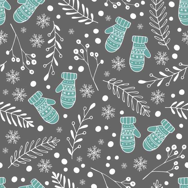 Naturaleza Invierno de patrones sin fisuras Ilustración de vector de tiempo de invierno con mitones nieve y ramas