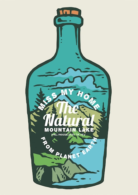 Vector naturaleza y montañas dentro de botella.