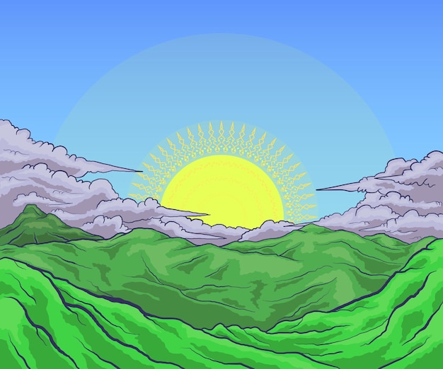 naturaleza montañas nubes y cielo en la ilustración de vector de diseño de amanecer