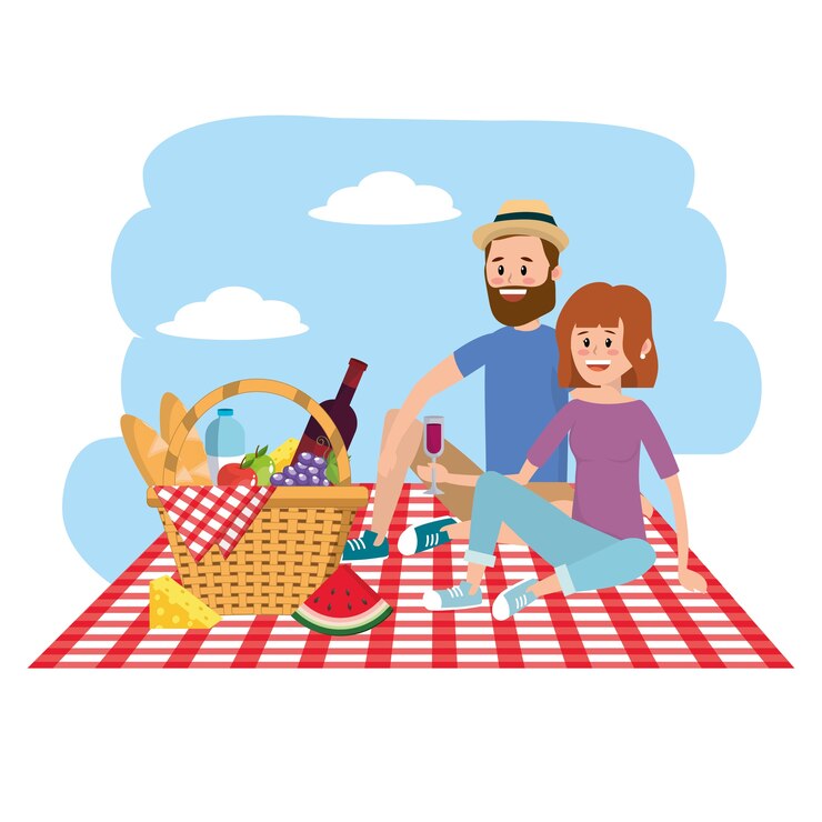 Vector naturaleza mujer y hombre pareja con canasta en el mantel
