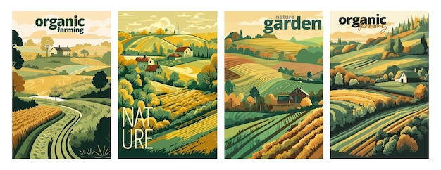 Naturaleza y paisaje de la granja campo de cielo de la aldea árboles casa y césped para poster de fondo diseño de escenografía de ilustración vectorial