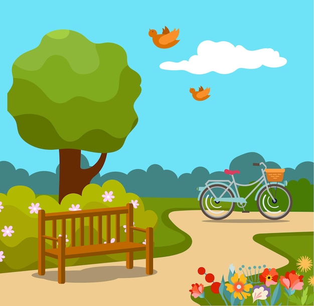 Naturaleza de primavera con banner de bicicleta ilustración en estilo plano