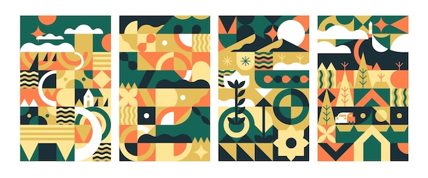 Naturaleza rural geométrica en carteles conjuntos paisajes rurales estilizados paisajes abstractos de granjas vistas de aldeas en tarjetas en estilo cubista decoración interior contemporánea ilustraciones vectoriales planas