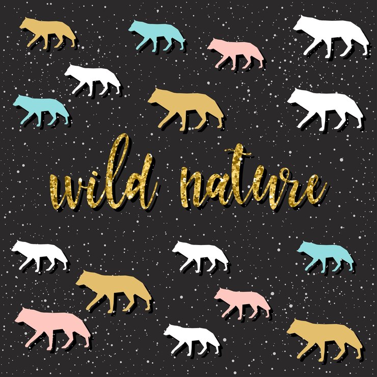 Vector naturaleza salvaje. letras escritas a mano en negro. doodle cita hecha a mano y lobo dibujado a mano para camiseta de diseño, tarjeta navideña, invitación, folletos, álbum de recortes, álbum, etc. textura dorada