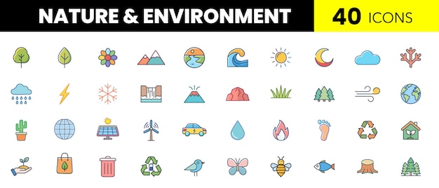 Nature amp Environment Color Icon Set Vibrant Vector Icons of Eco Elements Green Energy Wildlife