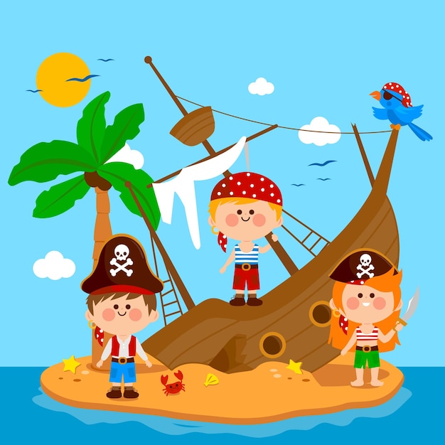 Naufragio en una isla de tesoros de verano y piratas Niños con trajes de piratas juegan en la playa