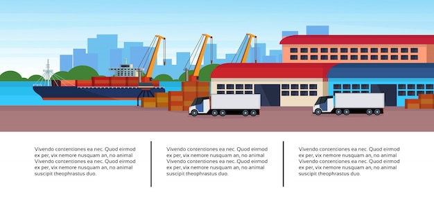 Vector nave de carga de puerto marítimo industrial carga semi camión negocio infografía plantilla cargando almacén