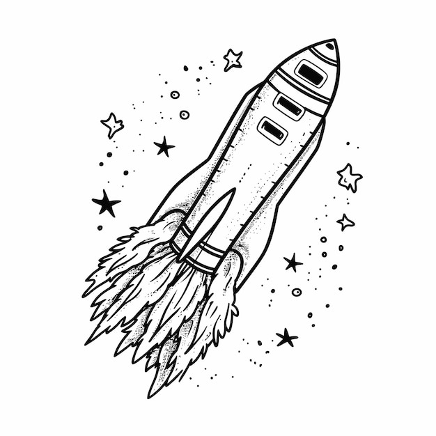 Nave cohete aislada Página de colorear para niños Nave cohete con estrellas almuerzo en el espacio