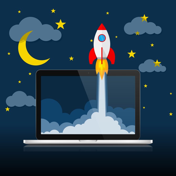 Vector la nave espacial y la computadora portátil: concepto de creación de empresas. ilustración.