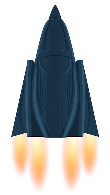 Nave espacial de dibujos animados con un avión de combate similar de forma agresiva triangular con llama de boquillas aisladas en blanco Color azul oscuro del casco Elemento de diseño