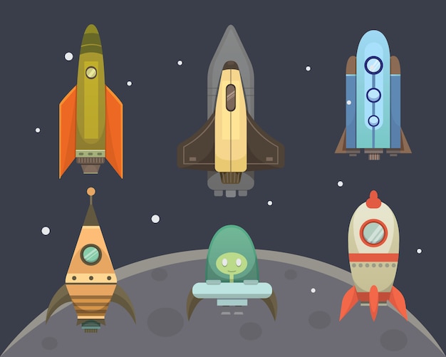 Nave espacial en estilo de dibujos animados. Plantilla de iconos de desarrollo de innovación de nuevas empresas. Conjunto de ilustraciones de naves espaciales.