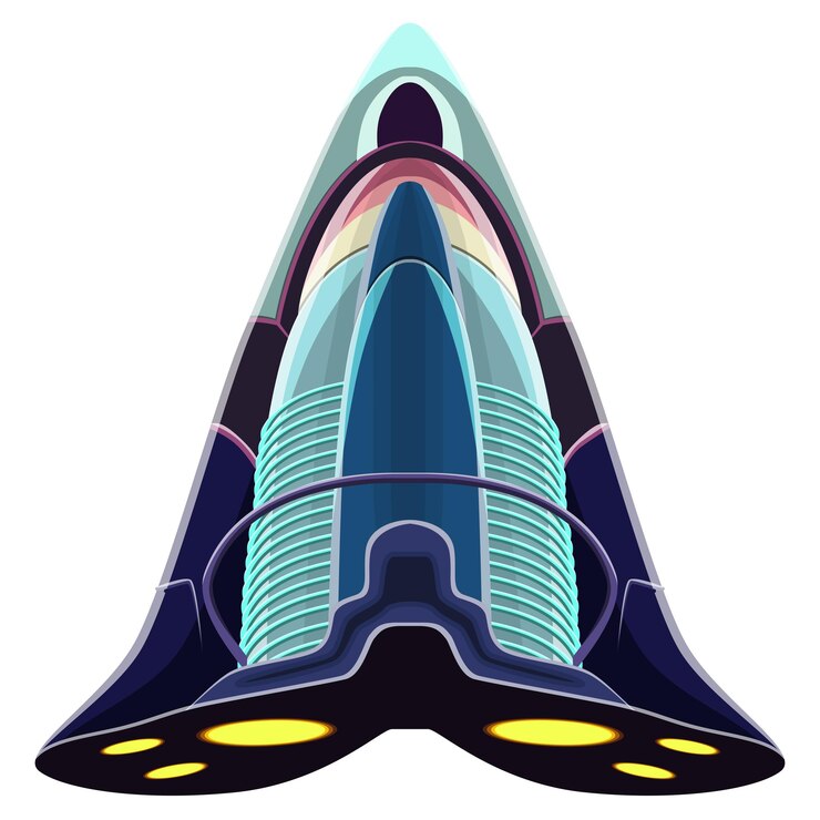 Vector nave espacial futurista de dibujos animados aislada en blanco avión de combate similar de forma agresiva elemento de diseño