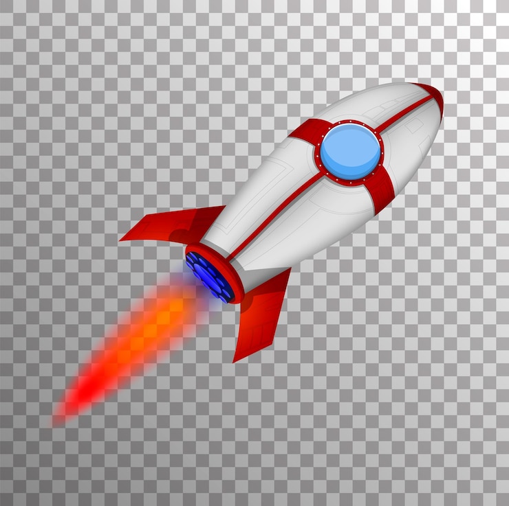 Vector nave espacial en una ilustración vectorial de estilo de dibujos animados con cohete 3d o fondo transparente