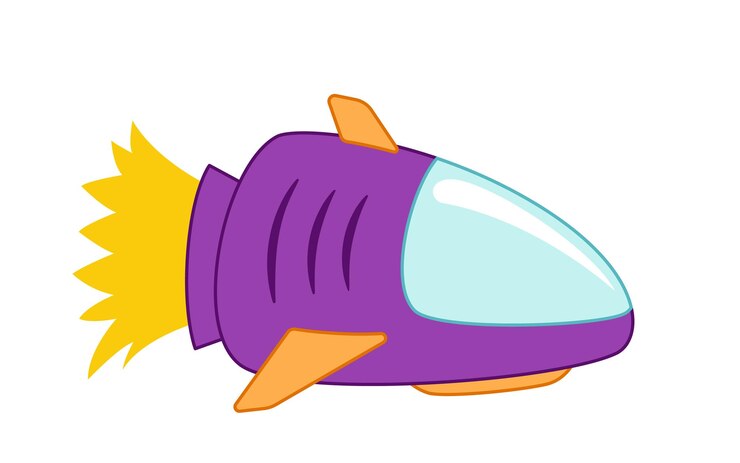 Vector nave espacial interestelar púrpura con gran turbina y fuego vector de dibujos animados