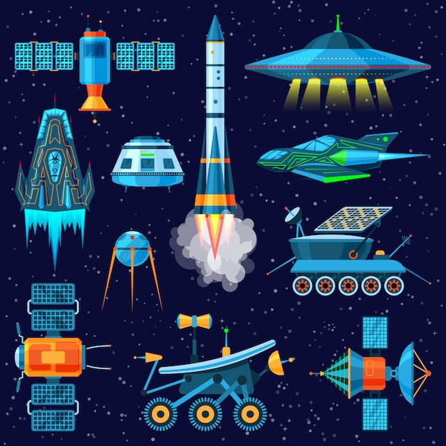 Nave espacial o nave espacial y conjunto de ilustración de satélite o rover lunar de nave espaciada en el espacio del universo en el fondo