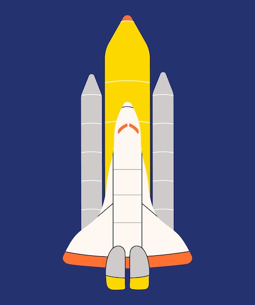 Nave espacial, transbordador, estilo de vector de línea plana. Avión a reacción, nasa, astronomía, cosmos, tecnología, viajes.