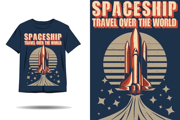 Nave espacial viaja sobre el diseño de camiseta de silueta mundial