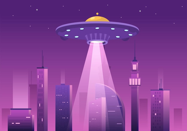 Nave espacial voladora OVNI con rayos de luz en Sky Night City View y Alien en ilustración plana