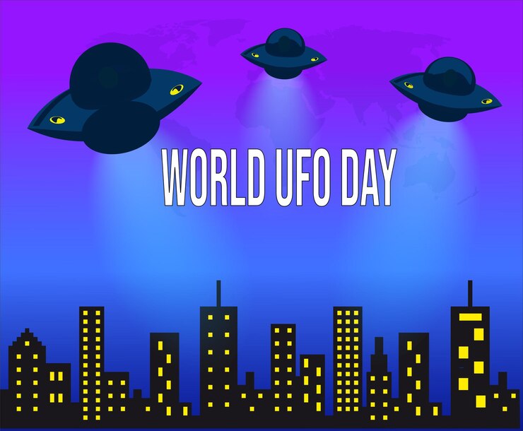 Nave espacial voladora UFO Día Mundial de los OVNIs Platillo volador Objeto volador no identificado Paisaje de la ciudad
