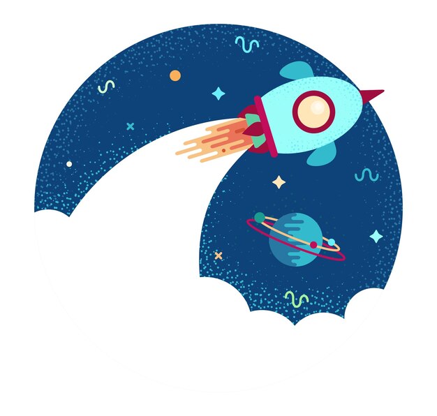 Nave espacial vuela alrededor del planeta con anillos ilustración de dibujos animados vectoriales