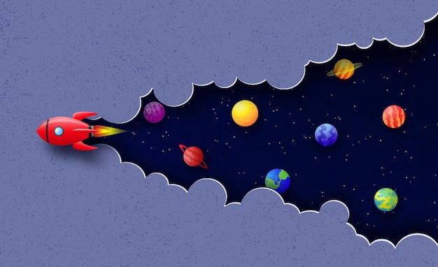 Nave espacial vuela en el espacio entre nubes, estrellas y planetas Fondo espacial en estilo de corte de papel