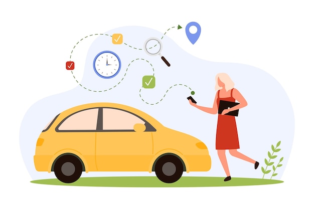 Navegación GPS para automóviles Viajes por carretera en aplicación móvil Mujer pequeña con teléfono para navegar