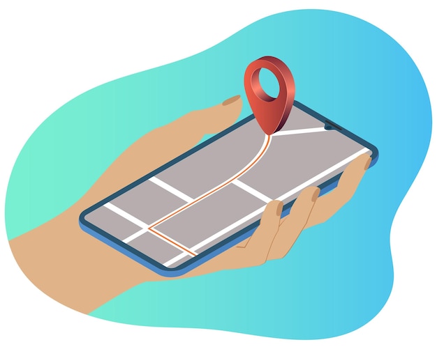 Navegación GPS Una persona usa una aplicación de teléfono inteligenteBusca una ubicación y muestra una ruta
