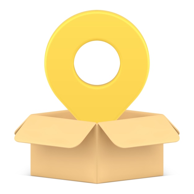 Navegación logística caja de cartón servicio de seguimiento GPS mapa pin ilustración vectorial de icono 3D realista