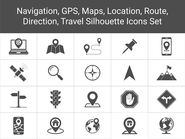 Navegación mapas GPS ubicación dirección ruta de viaje silueta símbolos iconos conjunto vector