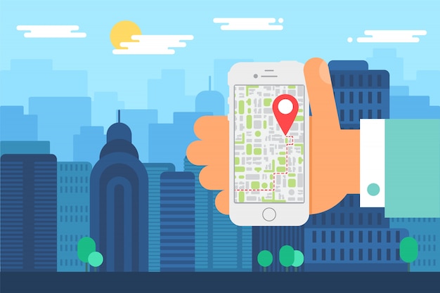Navegación móvil por la ciudad. Ilustración de ciudad diaria, mano humana con teléfono con aplicación de mapa. Pantalla de smartphone con puntero de mapa. Vector