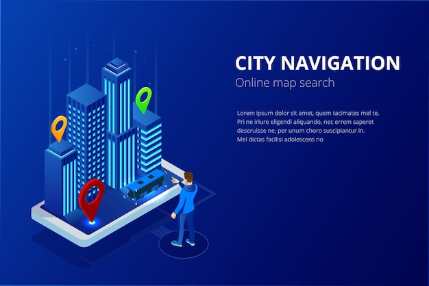 Navegación por satélite GPS isométrica. Banner web para viajes, turismo y planificación de rutas de ubicación. Teléfono inteligente con aplicación de Internet de mapa de navegador, grupo de iconos de marcador de puntero de destino en el mapa de la ciudad.