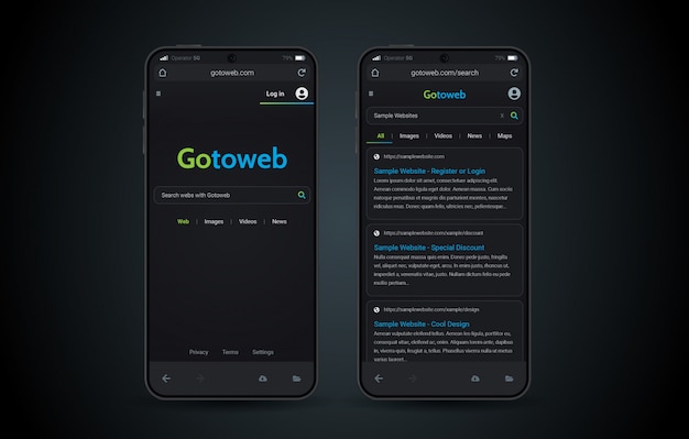 Navegador web interfaz de modo oscuro móvil