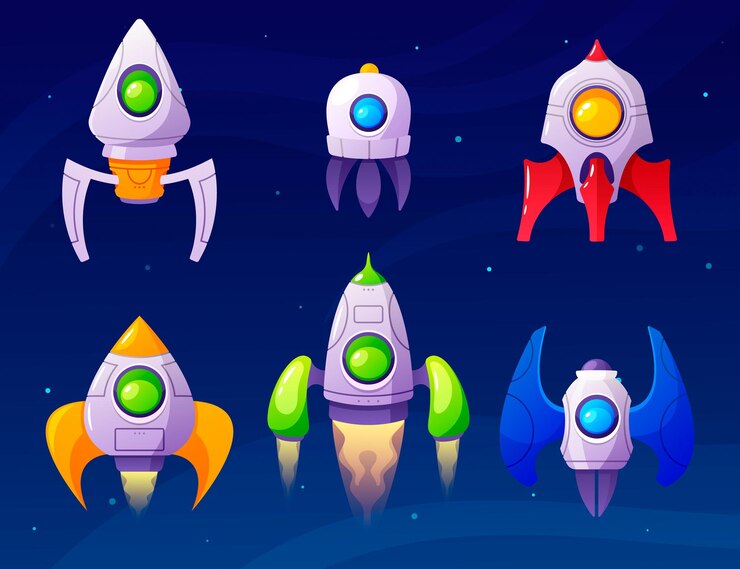 Vector naves espaciales de dibujos animados en elementos de juego del cielo conjunto de vehículos avanzados para viajes espaciales equipados con tecnología de vanguardia para la exploración y el transporte más allá de la atmósfera terrestre ilustración vectorial