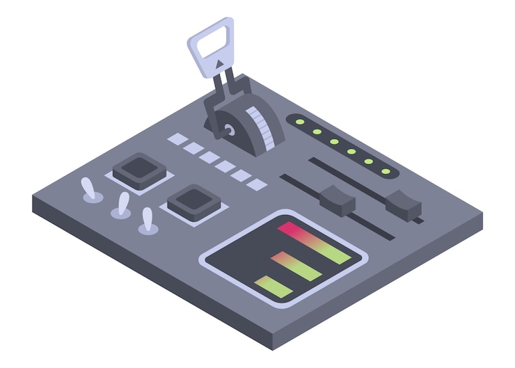 Vector naves espaciales de panel de control isométrico con botones de control deslizante tablero de instrumentos 3d en fondo blanco ilustración vectorial del panel de conmutadores de aviones