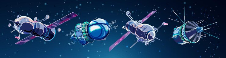 Vector con naves espaciales y satélites en el espacio. programa de historia espacial, exploración humana del espacio cercano. colección con modelos 3d volando naves espaciales.