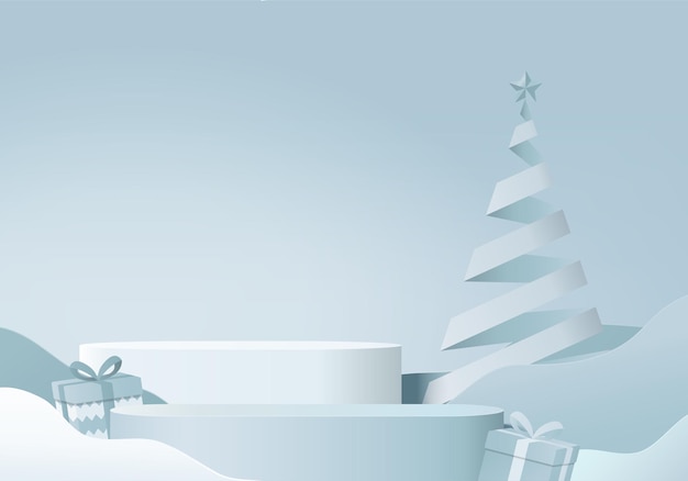 Navidad 3d escena renderizada mínima con caja de regalo y plataforma de podio. Representación 3d del vector del fondo del árbol de navidad con el podio del oro. Stand para mostrar productos. Escaparate de Navidad 3d sobre pedestal azul