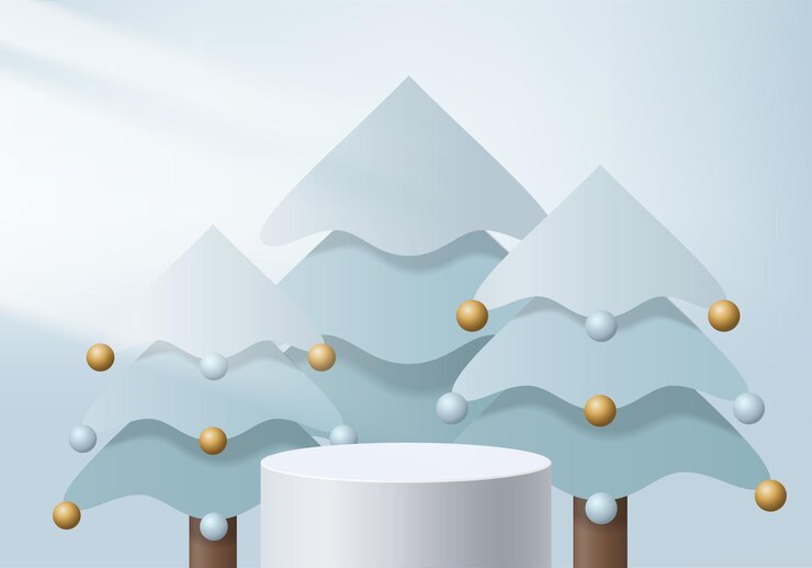 Vector navidad 3d escena renderizada mínima con caja de regalo y plataforma de podio. representación 3d del vector del fondo del árbol de navidad con el podio del oro. stand para mostrar productos. escaparate de navidad 3d sobre pedestal azul