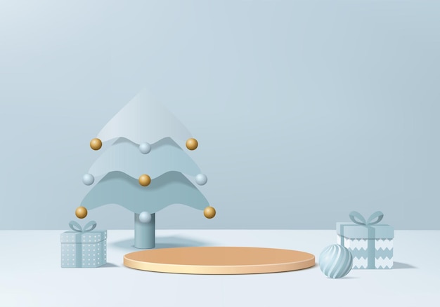 Navidad 3d escena renderizada mínima con caja de regalo y plataforma de podio. Representación 3d del vector del fondo del árbol de navidad con el podio del oro. Stand para mostrar productos. Escaparate de Navidad 3d sobre pedestal azul